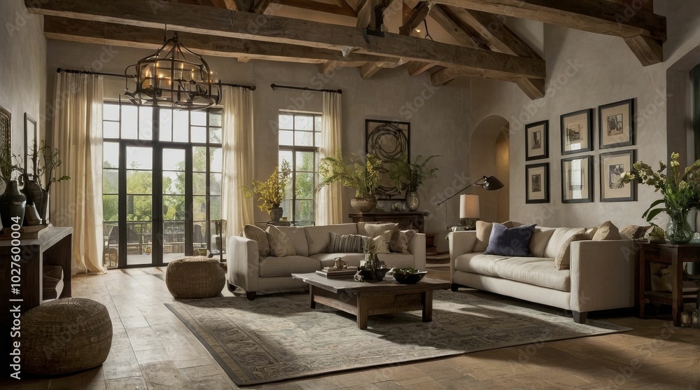 interior space with a high ceiling and exposed wooden beams interior space with a high ceiling and exposed wooden beams