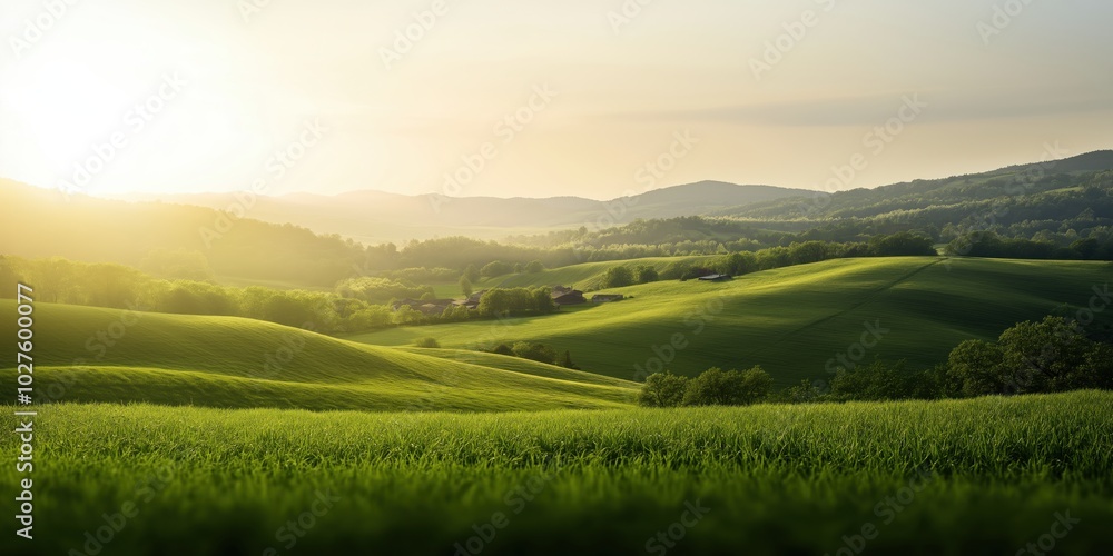 Obraz premium This picturesque landscape captures the endless rolling green hills bathed in the soft light of a bright morning sun, exemplifying natural beauty and tranquility.