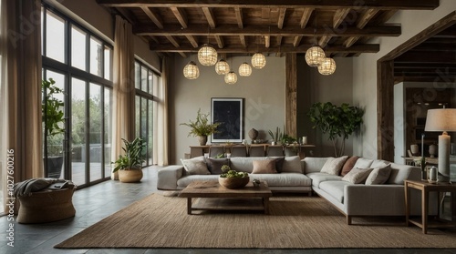 interior space with a high ceiling and exposed wooden beams