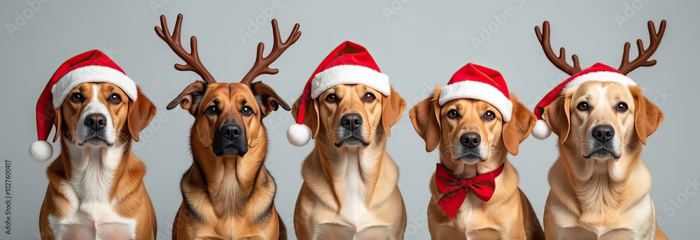 Obraz premium banner close-up hide dogs pet celebrating christmas wearing a reindeer antlers diadem, santa hat and red ribbon. Isolated on white or gray background.