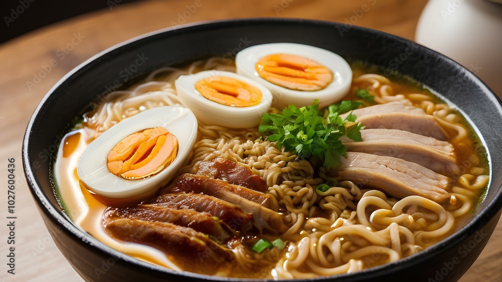 A bowl of Japanese ramen served with eggs and pork slices, showcasing delicious Asian cuisine in a traditional setting. A bowl of Japanese ramen served with eggs and pork slices, showcasing delicious Asian cuisine in a traditional setting.