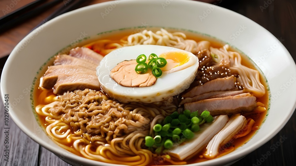 A steaming bowl of traditional Japanese ramen, served with soft-boiled eggs and pork slices in a rich broth. A steaming bowl of traditional Japanese ramen, served with soft-boiled eggs and pork slices in a rich broth.