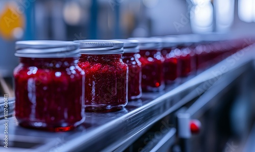 Jars of red jam move along a conveyor belt in a factory.