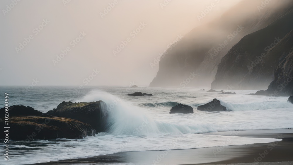 Obraz premium Fog-covered cliffs loom in the background as ocean waves crash over the dark rocks along the shoreline. The soft, misty light and quiet sea create a sense of peaceful isolation.