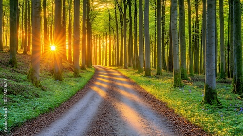 A dirt road winds through a lush green forest as the sun sets, casting long shadows and a golden glow on the trees.