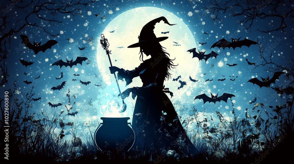 Witch Silhouette Stirring Potion Under Full Moon Witch Silhouette Stirring Potion Under Full Moon