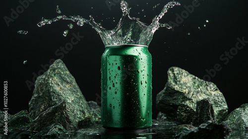 Vibrant Emerald Green Soda Can Splash in Studio Setup