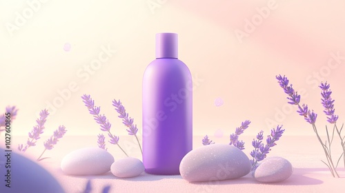 Purple bottle with lavender flowers and white stones on a pink and orange background.