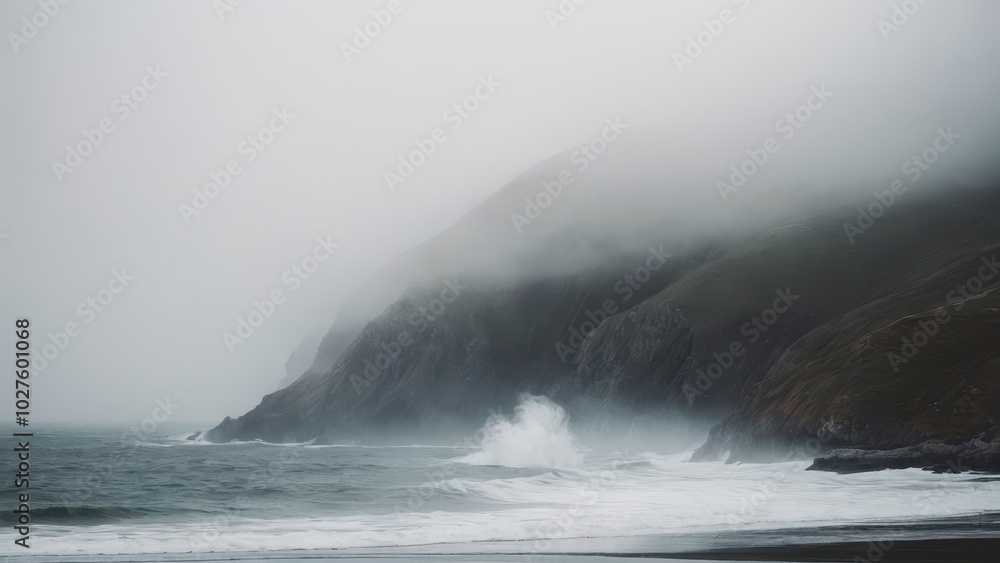 Naklejka premium Fog-covered cliffs loom in the background as ocean waves crash over the dark rocks along the shoreline. The soft, misty light and quiet sea create a sense of peaceful isolation.