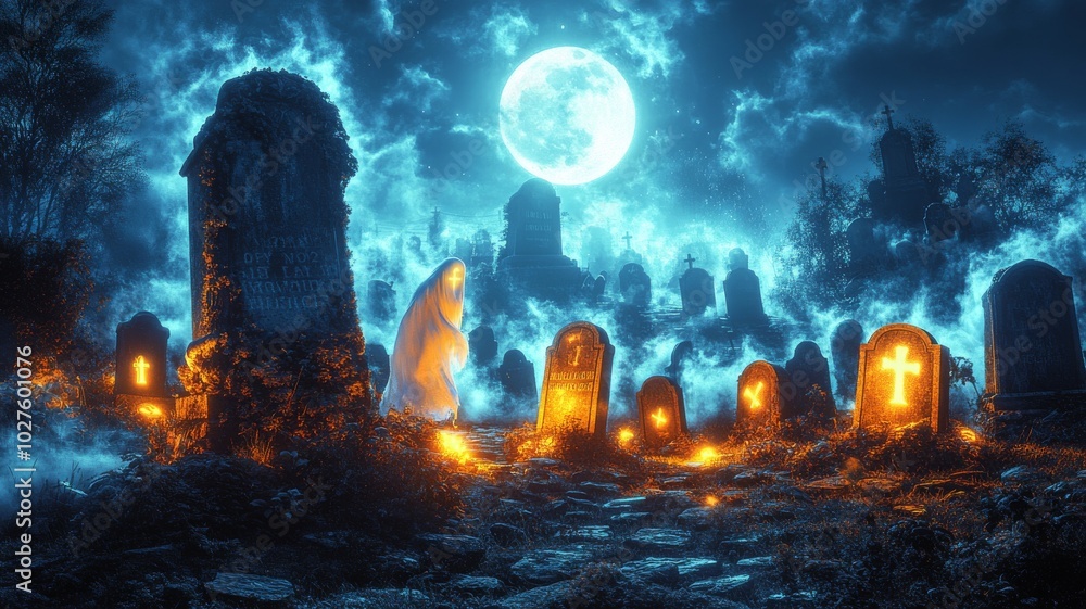 Obraz premium Spooky Night Scene in a Graveyard with Ghostly Figure