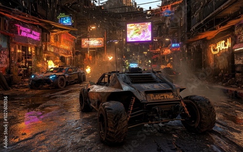 A futuristic urban scene with vehicles in a gritty, neon-lit environment.