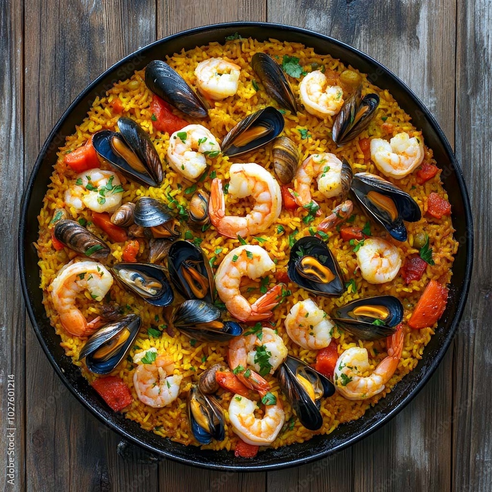 Overhead shot of traditional Spanish paella, featuring saffron-infused rice with shrimp, mussels, and clams, served in a large paella pan, offering a vibrant and communal dining experience