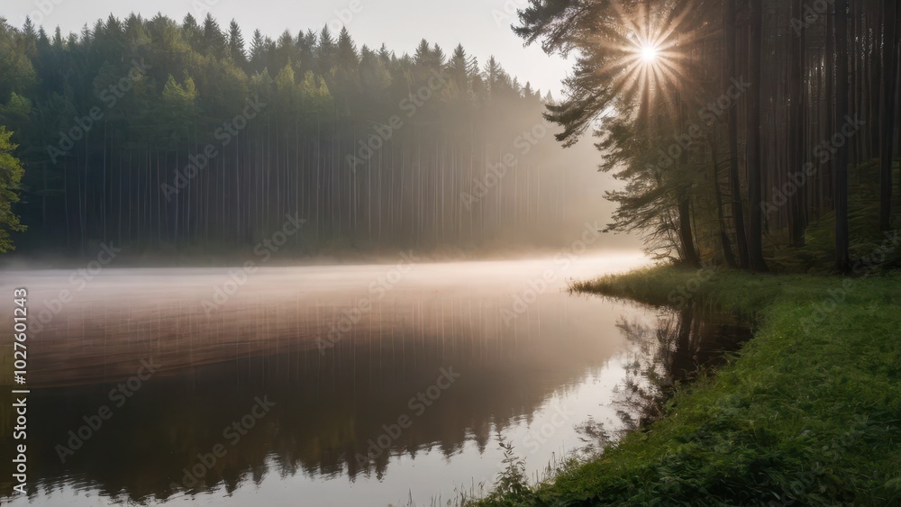 Fototapeta premium A tranquil morning at a serene forest lake with mist rising from the water and sunlight streaming through the trees. The peaceful atmosphere creates a dreamy, idyllic scene.