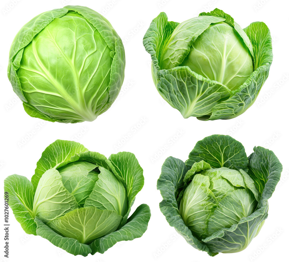 Obraz premium Fresh green cabbage set, food illustration, isolated on white transparent background PNG