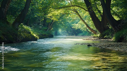 A tranquil river flows through a lush green forest, with sunlight filtering through the leaves.