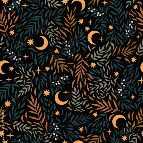 Seamless vector pattern with botanical ornament and crescent moon and stars. Hand drawn dark background for wallpapers and textile. Abstract floral design with berries
