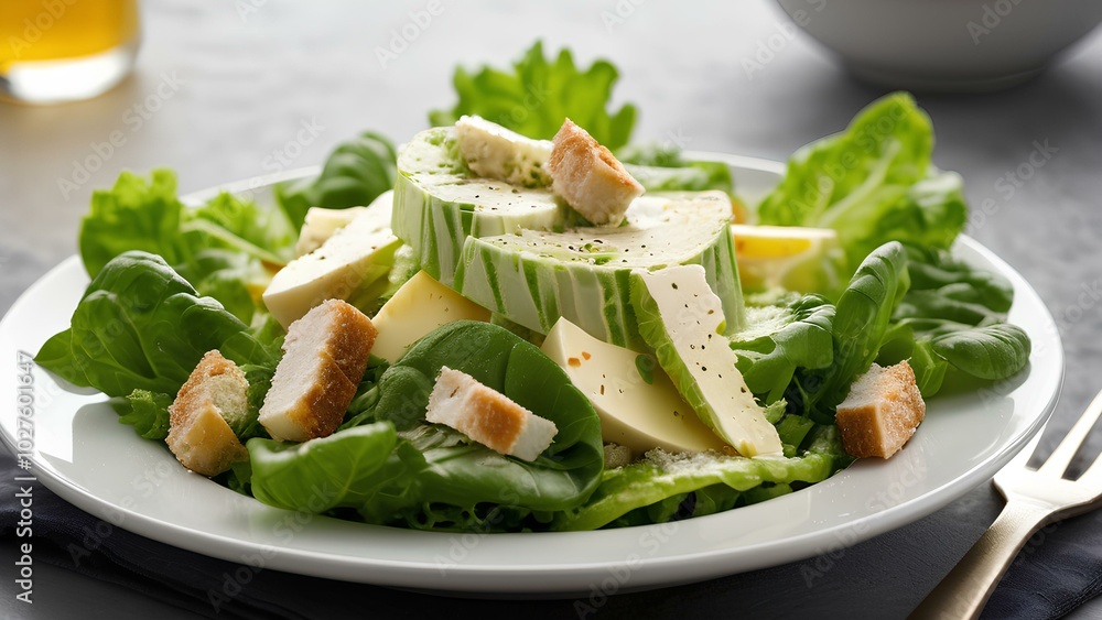 A fresh and healthy Caesar salad topped with crispy croutons, grilled chicken, and slices of avocado. Perfectly plated for food photography or health-conscious dining. A fresh and healthy Caesar salad topped with crispy croutons, grilled chicken, and slices of avocado. Perfectly plated for food photography or health-conscious dining.