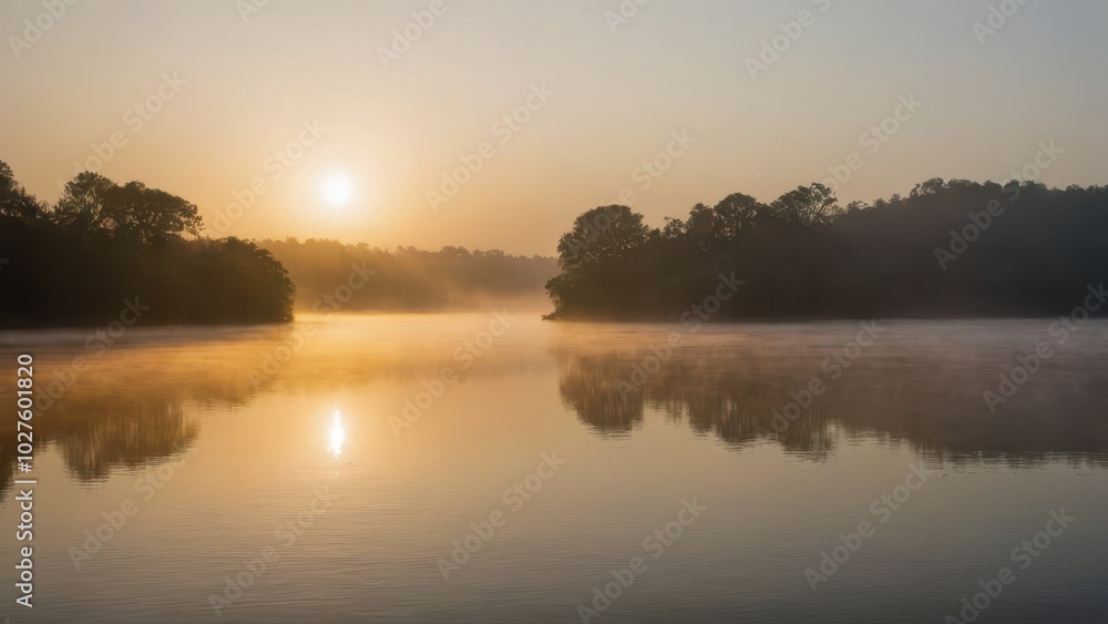 Obraz premium Golden morning light illuminating a mist-covered lake, with soft reflections of the trees on the calm water. A peaceful and enchanting natural scene