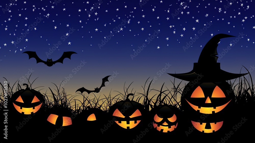 Glowing Jack-o'-Lanterns Cast a Spooky Halloween Vibe Under a Starry Night, Accompanied by a Witch's Hat and a Swarm of Bats Glowing Jack-o'-Lanterns Cast a Spooky Halloween Vibe Under a Starry Night, Accompanied by a Witch's Hat and a Swarm of Bats