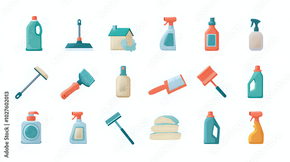 Household Cleaning Products Icon Set Vector: Household Item and Cleaning Supply Vector, Cleaning Tool Household Cleaning Products Icon Set Vector: Household Item and Cleaning Supply Vector, Cleaning Tool