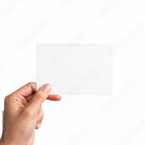 hand holding blank white card isolated on white background