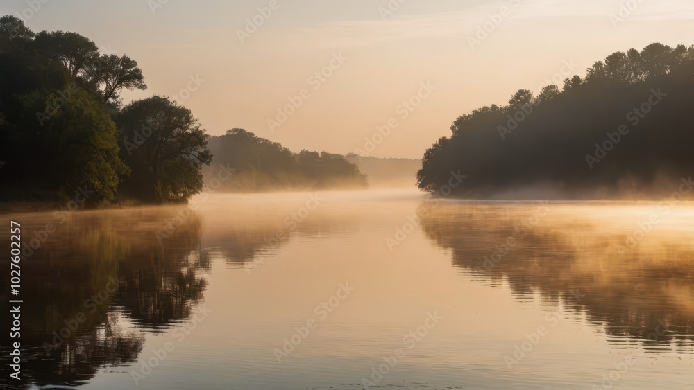 Golden morning light illuminating a mist-covered lake, with soft reflections of the trees on the calm water. A peaceful and enchanting natural scene Golden morning light illuminating a mist-covered lake, with soft reflections of the trees on the calm water. A peaceful and enchanting natural scene