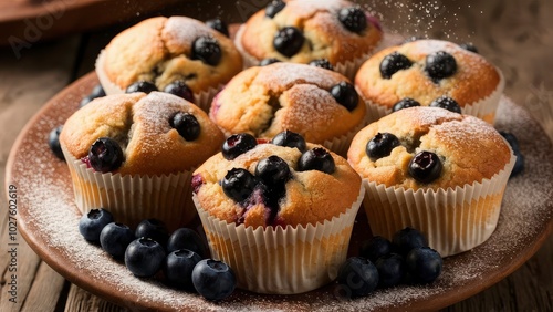 A tray of muffins with blueberries and blueberries on top.