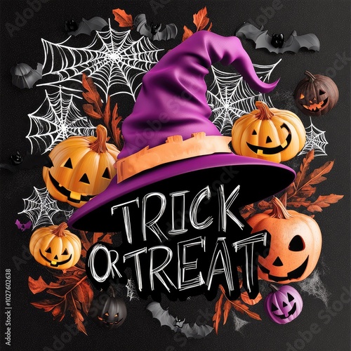 Vibrant Halloween ‘Trick or Treat’ Scene with 3D Inscription and Spooky Decor photo