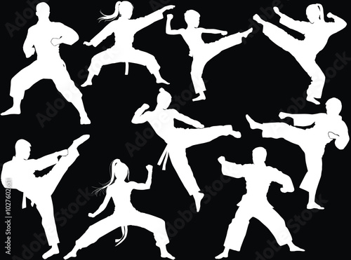 hand-to-hand white fighters isolated nine silhouettes