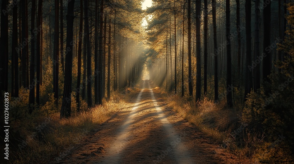 Obraz premium A dirt road winds through a dense forest, sunlight streams through the trees, creating a mystical atmosphere.