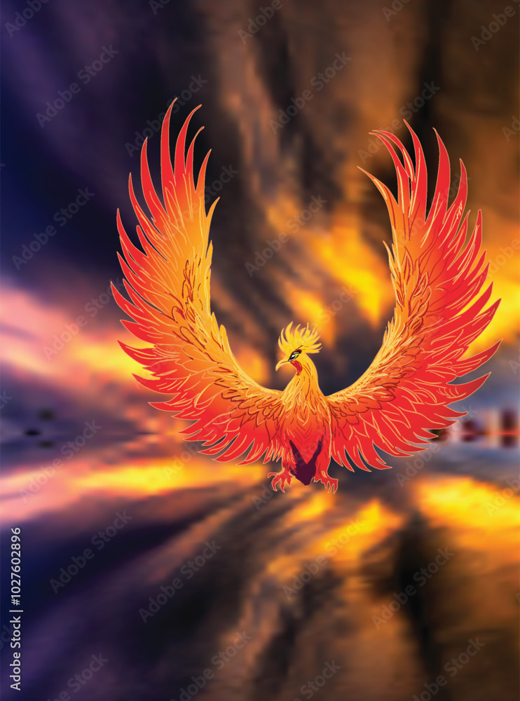 Obraz premium red phoenix on blue and orange background