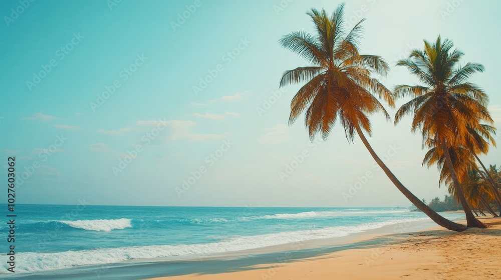 Tranquil Tropical Beach with Swaying Palm Trees and Cerulean Waves Tranquil Tropical Beach with Swaying Palm Trees and Cerulean Waves
