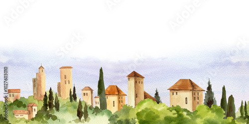 seamless border with Italian rural landscape, towers and farms, cypress trees, bushes, mountains, watercolor composition. Mediterranean Europe scenery with ancient houses for travel tourists designs