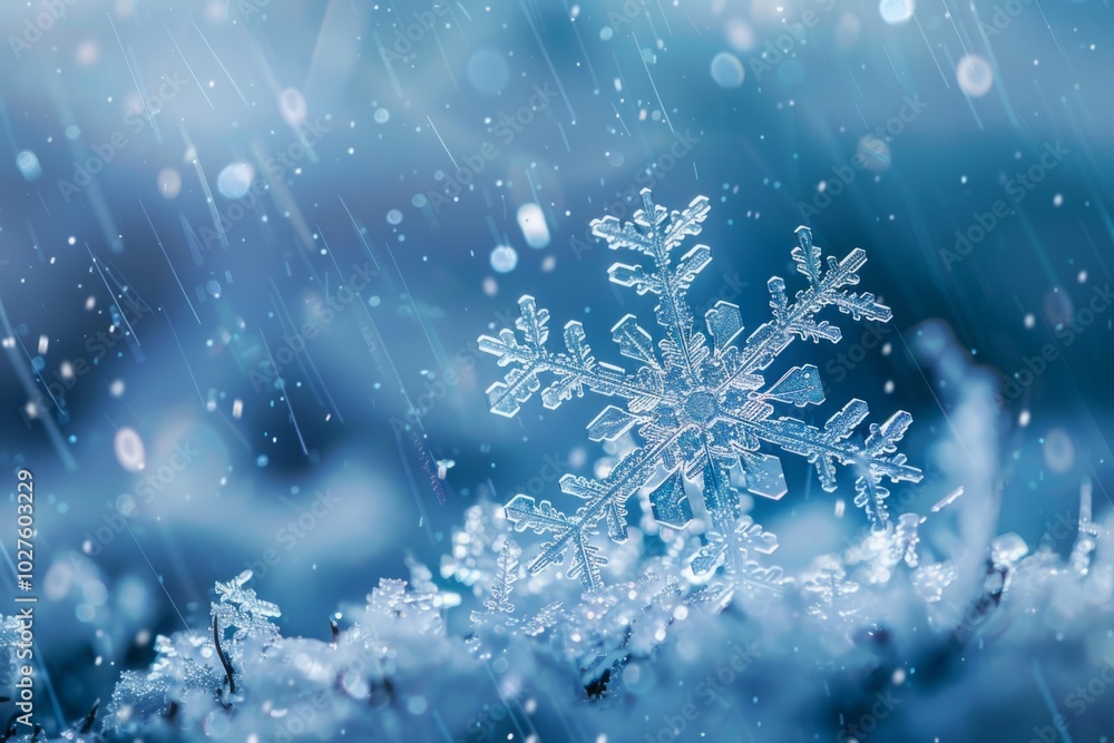 A snowflake is on top of a snowy surface A snowflake is on top of a snowy surface