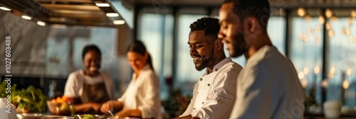 Group of friends laughing and enjoying time together in a kitchen.