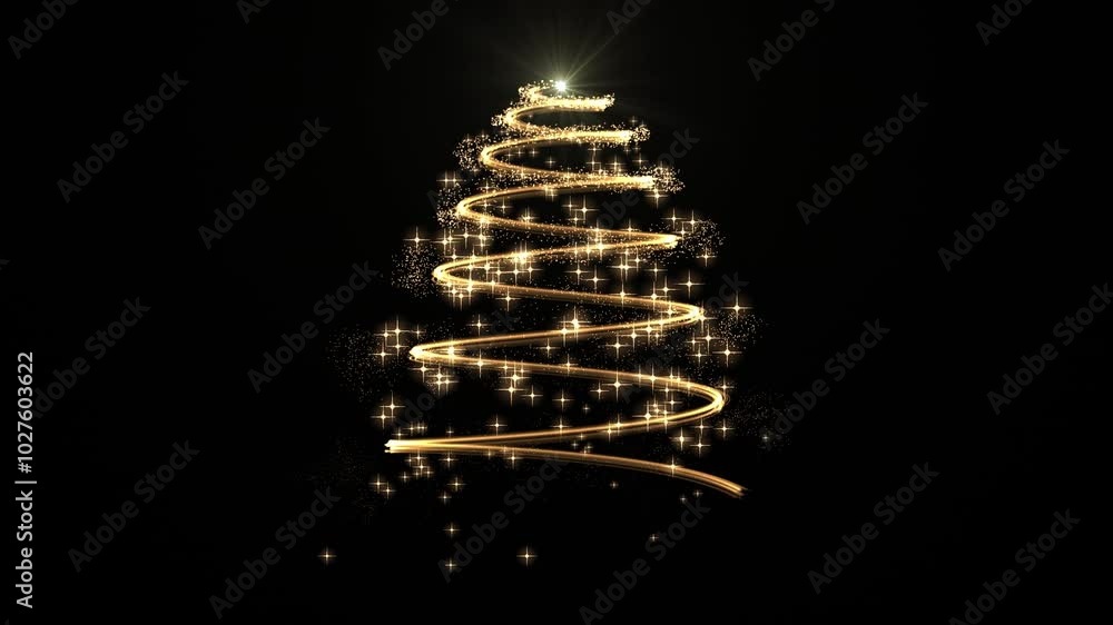 Abstract animated golden christmas tree with twirling glitter and star particles, scene opener or background, concepts, ideas, 4k, transparent background with alpha channel