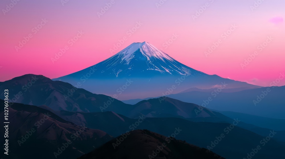 Majestic Mount Fuji stands tall against a vibrant pink sunset sky. Majestic Mount Fuji stands tall against a vibrant pink sunset sky.