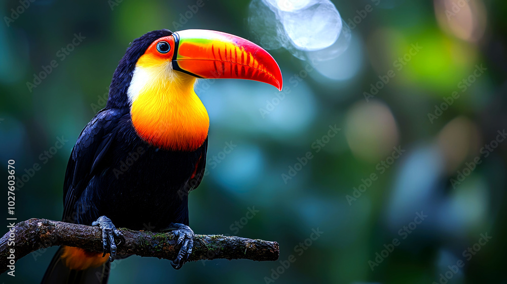 Fototapeta premium Vibrant toucan perched on a branch in nature.