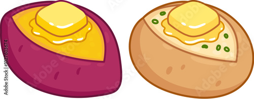 Baked potato and sweet potato with butter