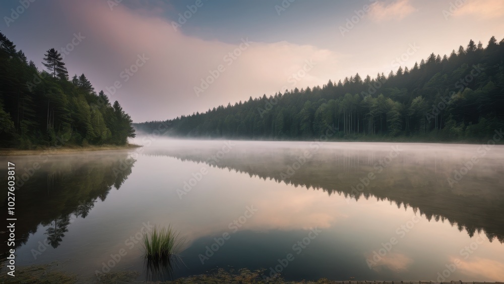 Fototapeta premium A peaceful morning at a calm lake surrounded by a dense forest, with mist covering the water and soft morning light reflecting off the surface. A tranquil and atmospheric nature scene