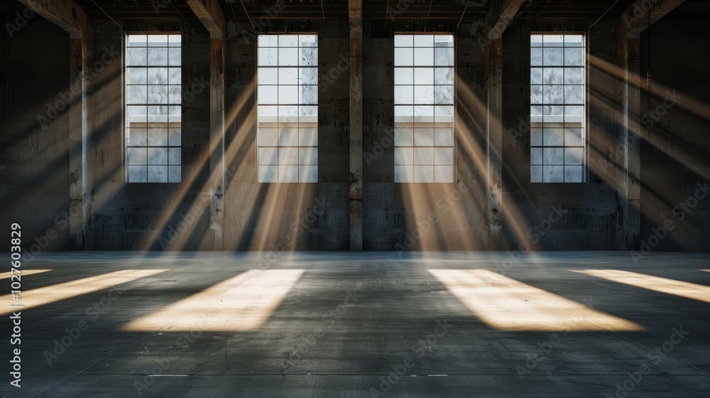 Sunlight streams through large windows in an abandoned warehouse. Sunlight streams through large windows in an abandoned warehouse.