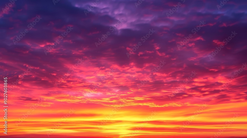Fototapeta premium Vibrant orange, pink, and purple sunset sky with clouds.