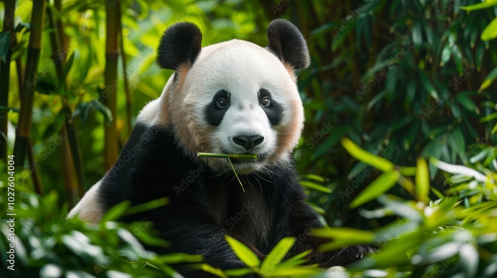 Adorable panda bear eating bamboo in lush green forest. Adorable panda bear eating bamboo in lush green forest.