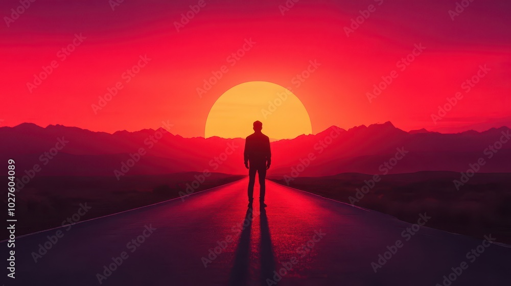Person standing at the start of a long road, ready to embark on a new journey Person standing at the start of a long road, ready to embark on a new journey