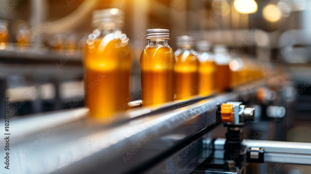 Bottles of liquid product move along a conveyor belt in a factory. Bottles of liquid product move along a conveyor belt in a factory.