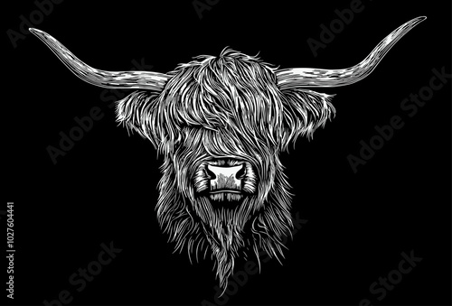 Highland cow line sketch in white on a black background, flat vector design in black and white