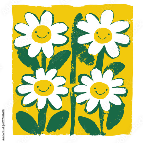  Illustration print of smiling daisy flowers in flat design, cartoon style with ink blot and irregular lines, simple color palette, multiple flowers on a yellow background, grunge collection