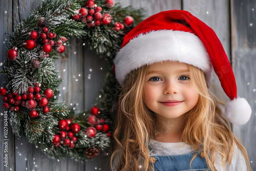 Young Happy Positive Girl Hold Christmas Decoration Evergreen Wreath. Festive Christmas wreath of fresh natural spruce branches. New Year. Traditional decoration for Xmas holiday.