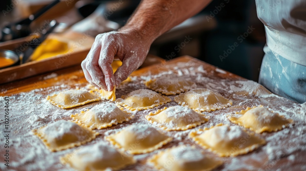 Chef filling ravioli dough with ricotta and sealing the edges. Chef filling ravioli dough with ricotta and sealing the edges.