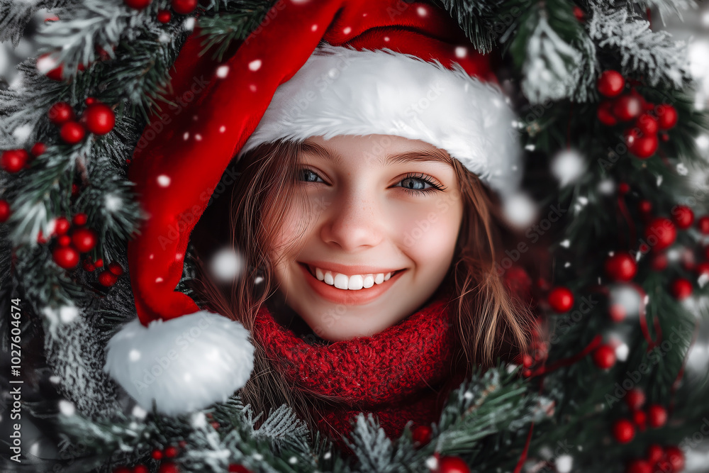 Young Happy Positive Girl Hold Christmas Decoration Evergreen Wreath. Festive Christmas wreath of fresh natural spruce branches. New Year. Traditional decoration for Xmas holiday. Young Happy Positive Girl Hold Christmas Decoration Evergreen Wreath. Festive Christmas wreath of fresh natural spruce branches. New Year. Traditional decoration for Xmas holiday.